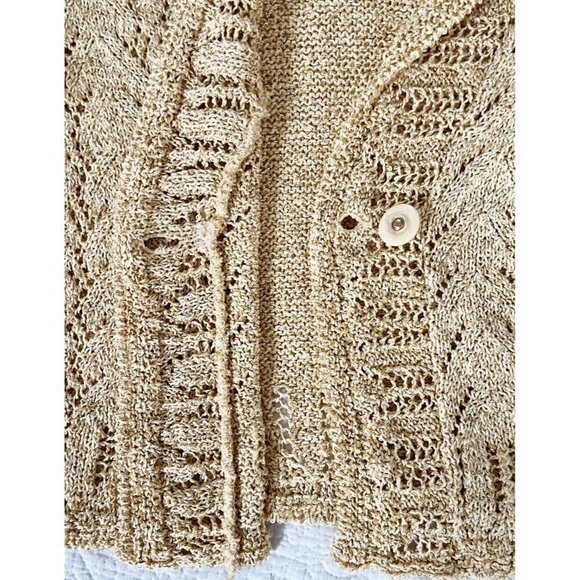 Coldwater Creek Women's Sz M Yellow Crochet Knit Cardigan Sweater Shawl Collar - Picture 6 of 7